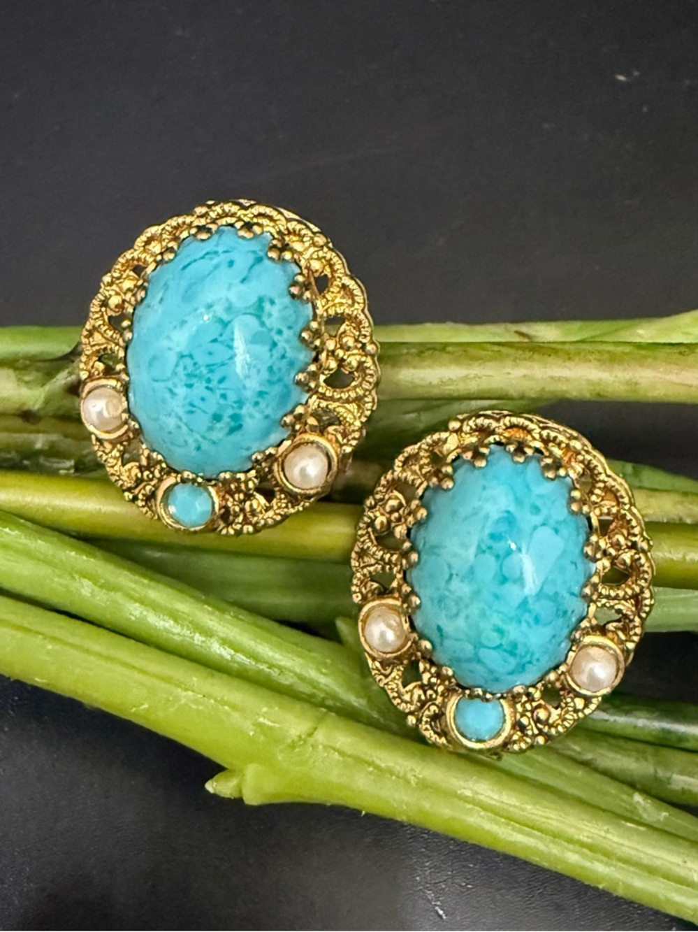 Vintage West Germany Faux Turquoise Cabochon Pearl Gold-tone Filigree Earrings